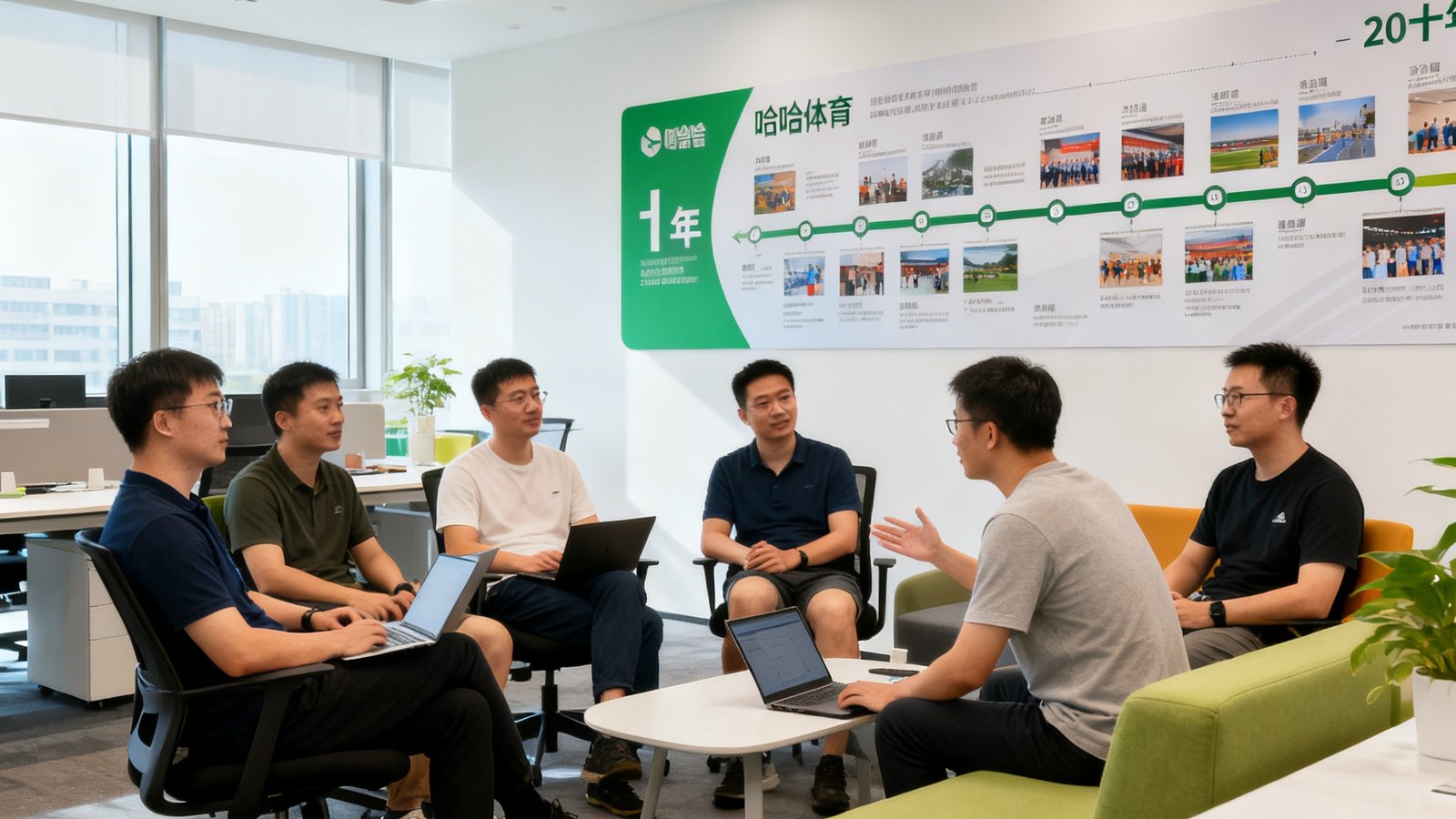 哈哈体育现代化办公空间内，技术团队成员围坐在开放式会议区讨论产品迭代方案，背景墙展示着公司十年发展历程的时间轴海报。