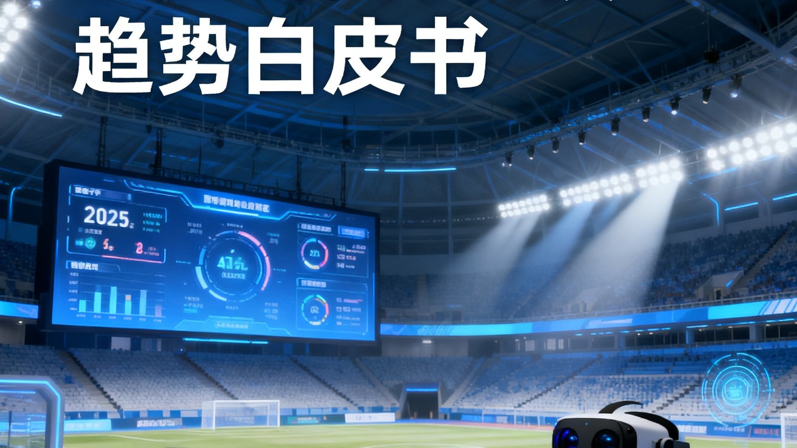 一份精美的行业报告封面，标题为2025体育科技趋势白皮书，背景是数字化的体育场馆概念图。