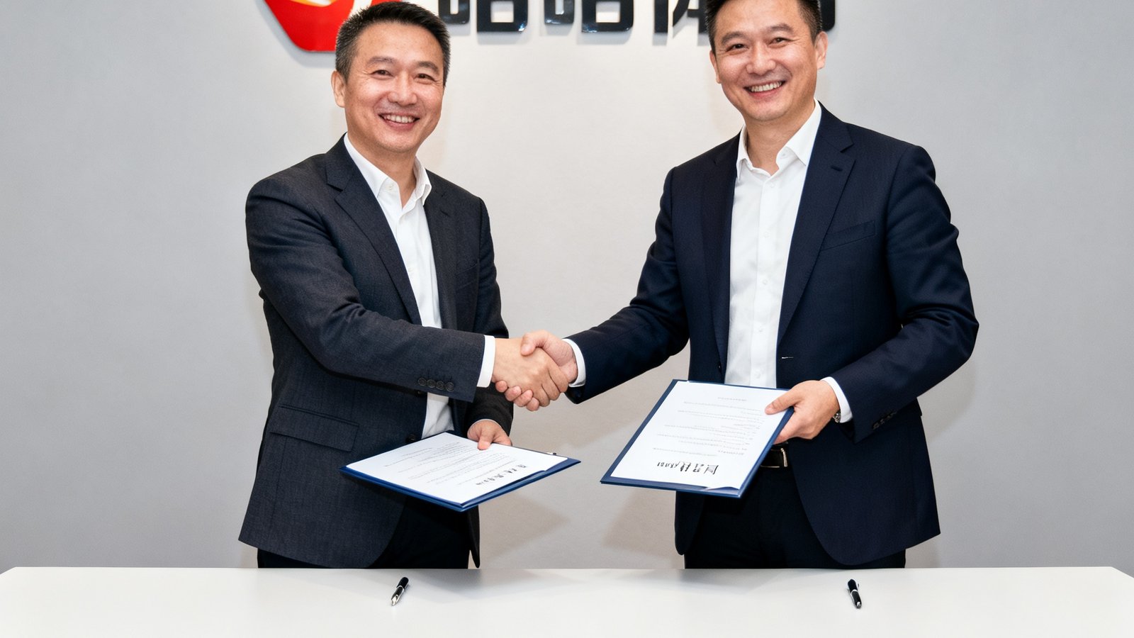 哈哈体育CEO与某国际体育数据公司代表在签约仪式上交换合同文件，双方微笑握手。