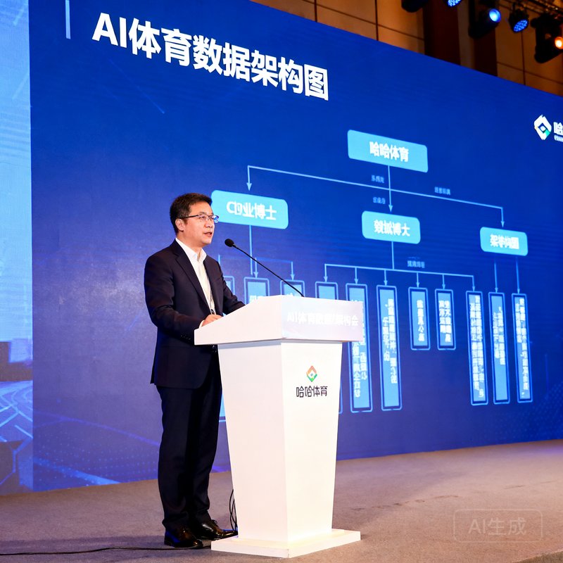 哈哈体育创始人兼CEO刘博士在行业大会上发表主题演讲，背景为大型LED屏幕展示AI体育数据架构图。
