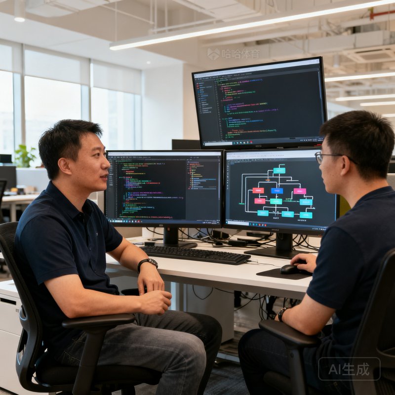 哈哈体育CTO陈奕凡在开放式办公区与工程师讨论技术方案，面前摆放着三台显示器展示代码和数据流图。