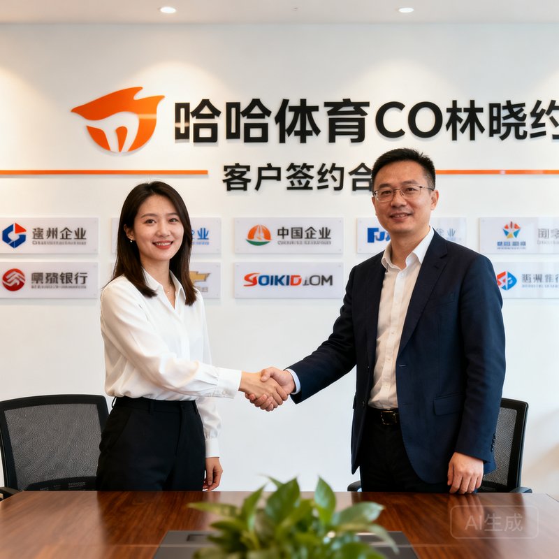 哈哈体育COO林晓婷在客户签约仪式上与企业代表握手，背景为公司品牌墙和合作企业logo展示。