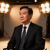某省级电视台体育频道总监张总的正装商务头像照片，背景为演播室灯光。